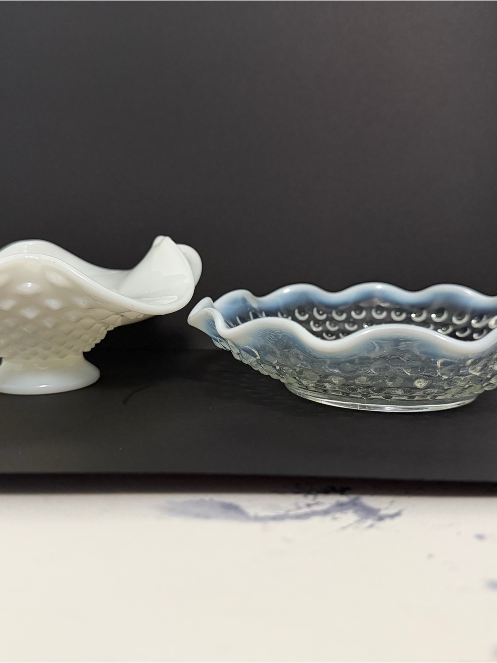 Fenton Hobnail Milk Glass Bonbon Dish and Opalescent Bowl